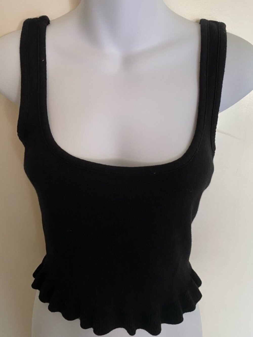Black Ribbed Scoop Neck Tank with Ruffle Hem